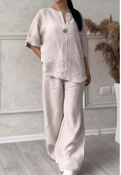 Fashion Solid Color Cotton And Linen Casual Suit Women